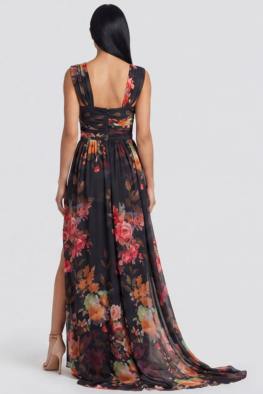 Square Neck Black Floral Ruched Long A Line Formal Dress with Slit
