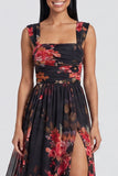 Square Neck Black Floral Ruched Long A Line Formal Dress with Slit