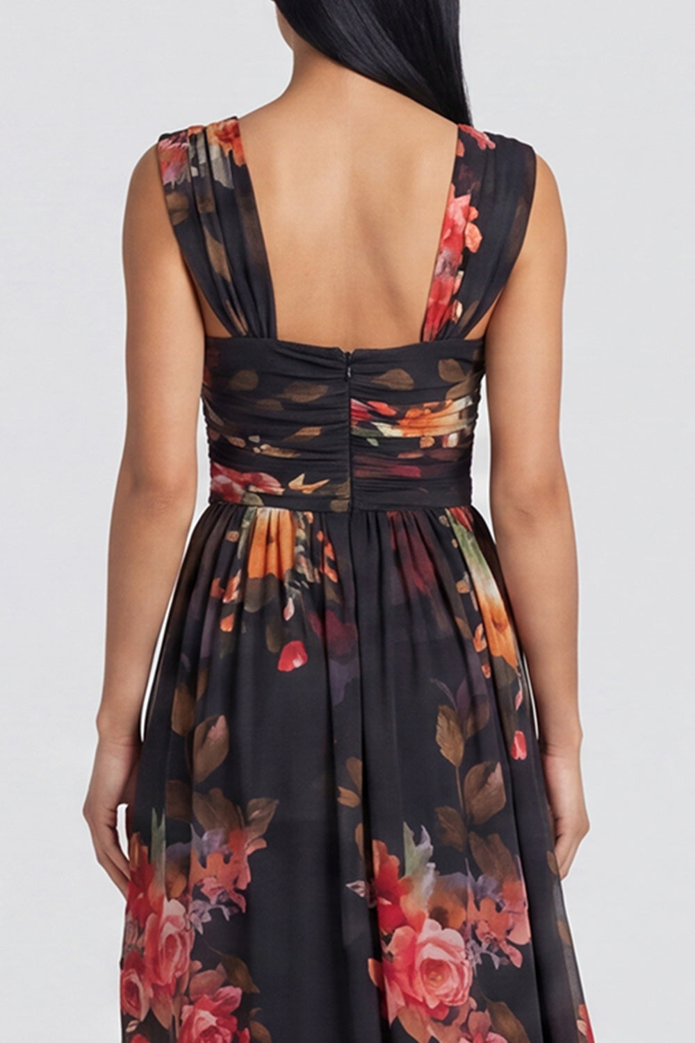 Square Neck Black Floral Ruched Long A Line Formal Dress with Slit