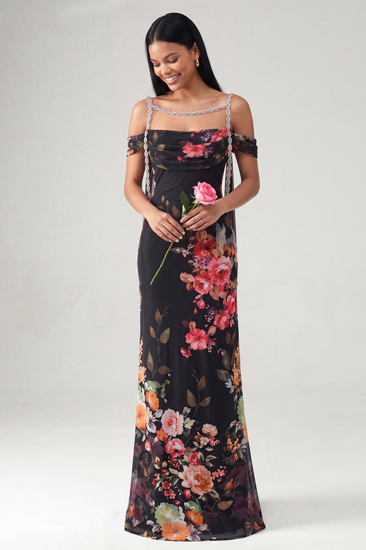 Black Off the Shoulder Floral Ruched Beaded Long Mermaid Formal Dress with Cape