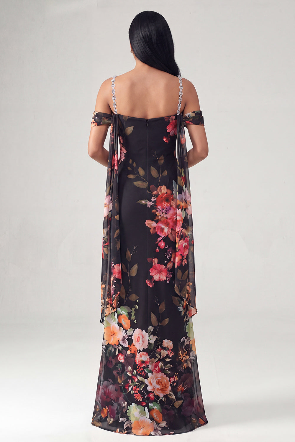 Black Off the Shoulder Floral Ruched Beaded Long Mermaid Formal Dress with Cape