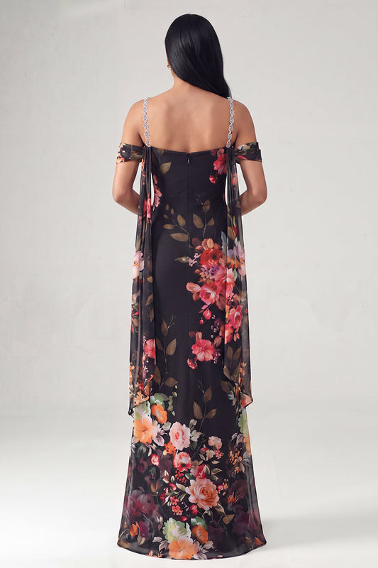 Black Off the Shoulder Floral Ruched Beaded Long Mermaid Formal Dress with Cape