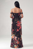 Black Off the Shoulder Floral Ruched Beaded Long Mermaid Formal Dress with Cape