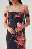 Black Off the Shoulder Floral Ruched Beaded Long Mermaid Formal Dress with Cape