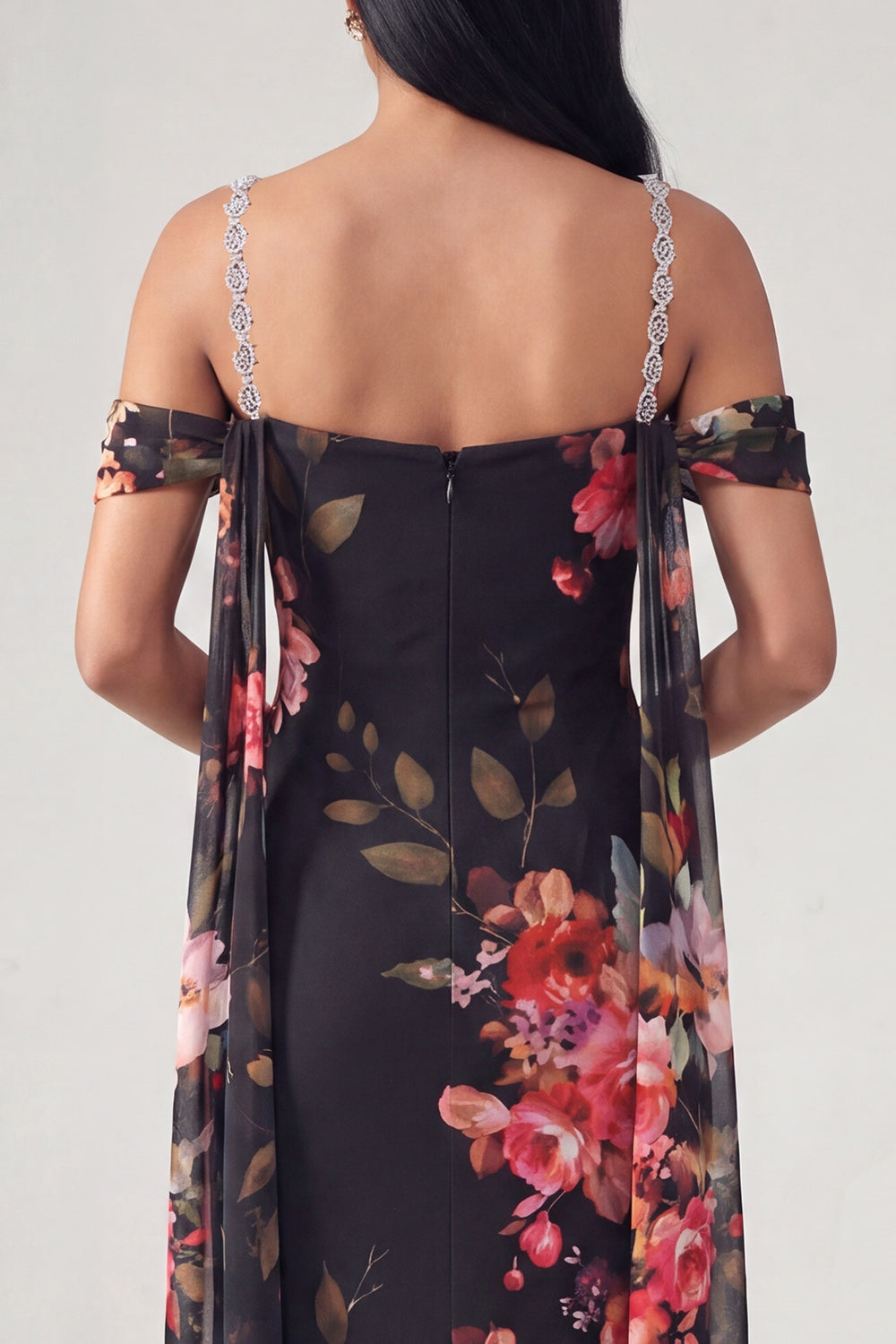Black Off the Shoulder Floral Ruched Beaded Long Mermaid Formal Dress with Cape