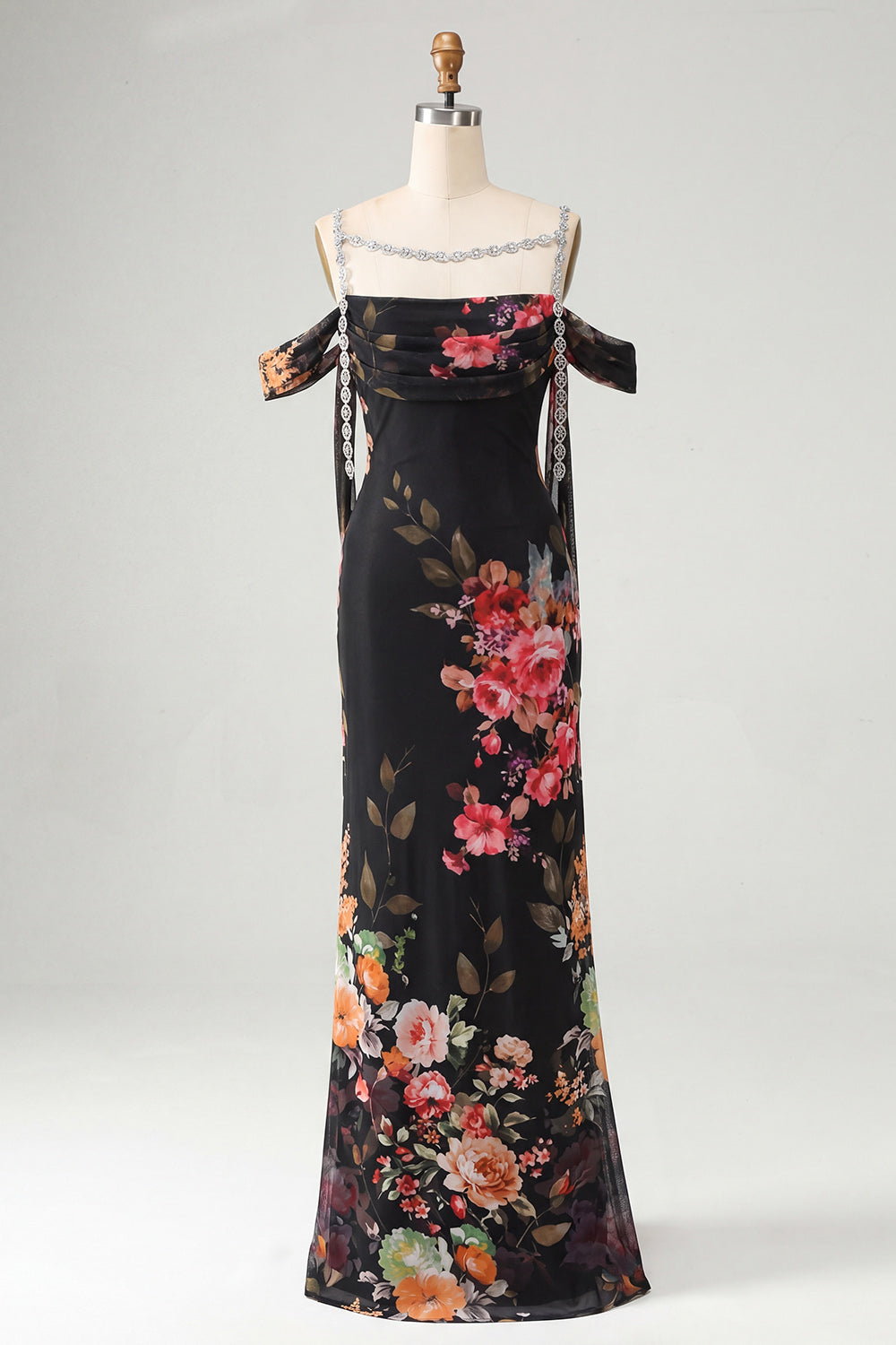 Black Off the Shoulder Floral Ruched Beaded Long Mermaid Formal Dress with Cape
