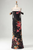 Black Off the Shoulder Floral Ruched Beaded Long Mermaid Formal Dress with Cape