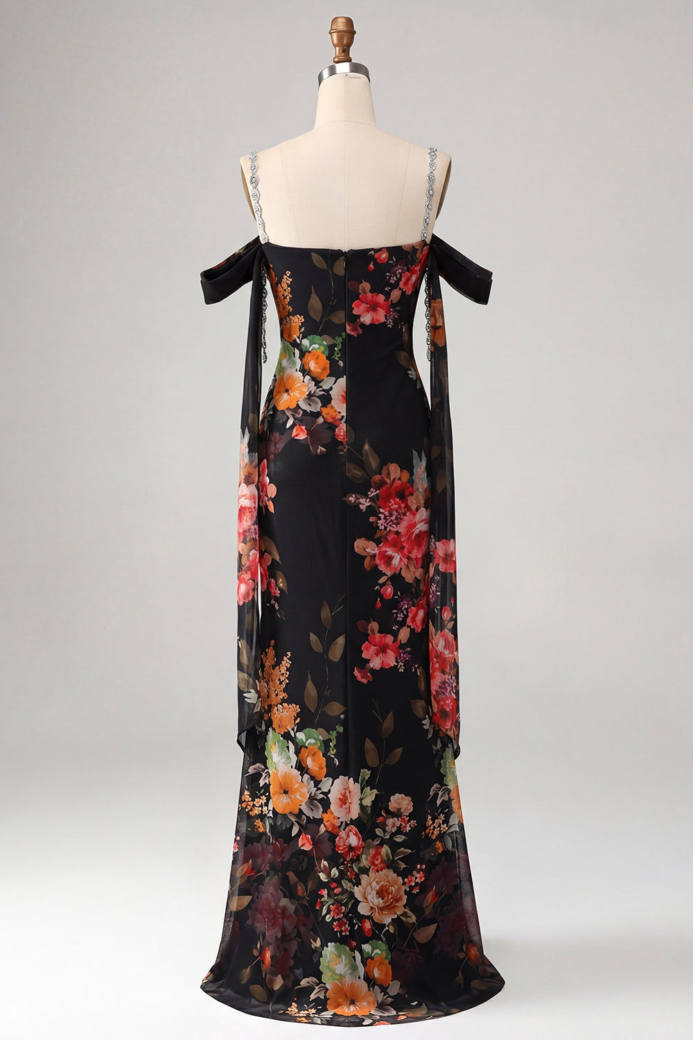 Black Off the Shoulder Floral Ruched Beaded Long Mermaid Formal Dress with Cape