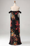 Black Off the Shoulder Floral Ruched Beaded Long Mermaid Formal Dress with Cape