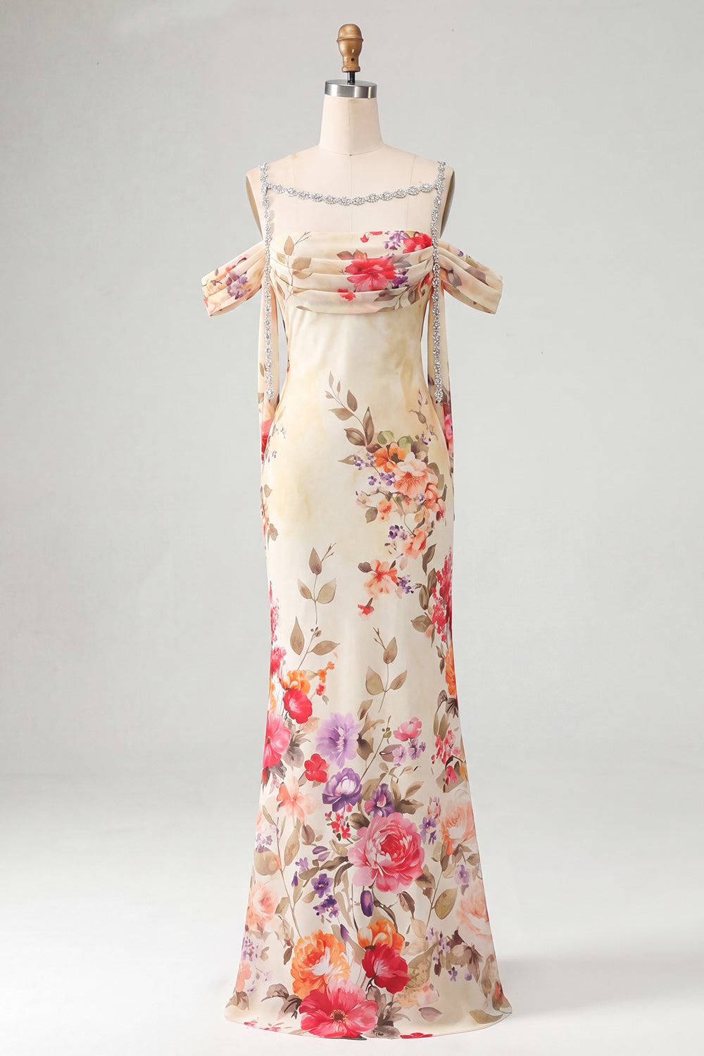Black Off the Shoulder Floral Ruched Beaded Long Mermaid Formal Dress with Cape