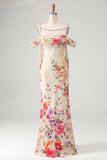 Black Off the Shoulder Floral Ruched Beaded Long Mermaid Formal Dress with Cape