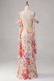 Black Off the Shoulder Floral Ruched Beaded Long Mermaid Formal Dress with Cape