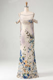 Black Off the Shoulder Floral Ruched Beaded Long Mermaid Formal Dress with Cape