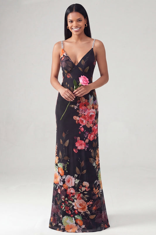 V-Neck Black Floral Long Mermaid Formal Dress with Beading