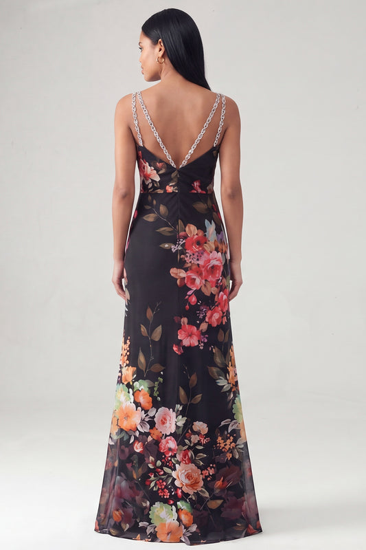 V-Neck Black Floral Long Mermaid Formal Dress with Beading