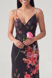 V-Neck Black Floral Long Mermaid Formal Dress with Beading