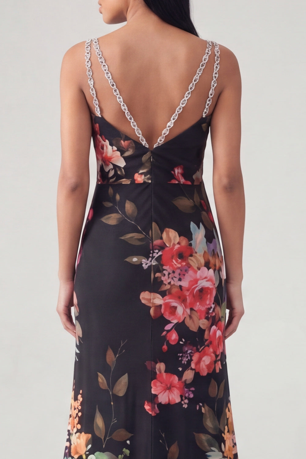 V-Neck Black Floral Long Mermaid Formal Dress with Beading