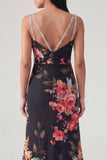 V-Neck Black Floral Long Mermaid Formal Dress with Beading