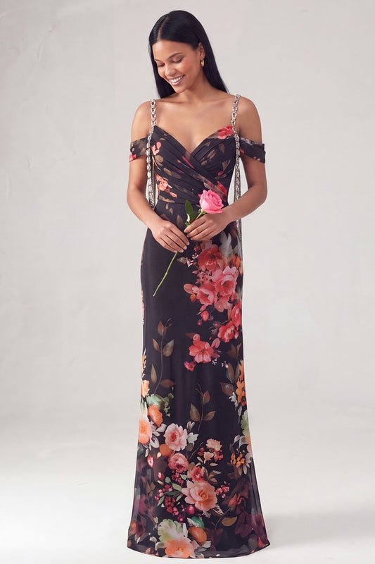 Off the Shoulder Ruched Black Floral Long Mermaid Formal Dress with Beading