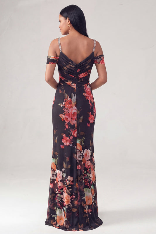 Off the Shoulder Ruched Black Floral Long Mermaid Formal Dress with Beading