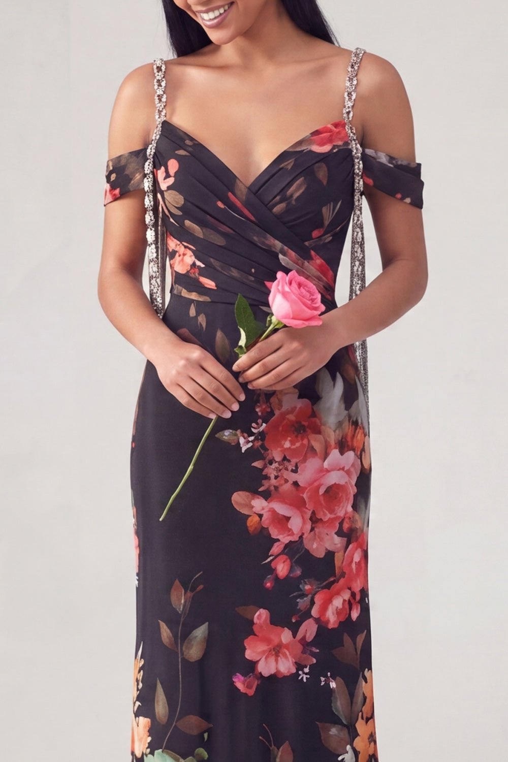 Off the Shoulder Ruched Black Floral Long Mermaid Formal Dress with Beading