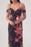 Off the Shoulder Ruched Black Floral Long Mermaid Formal Dress with Beading