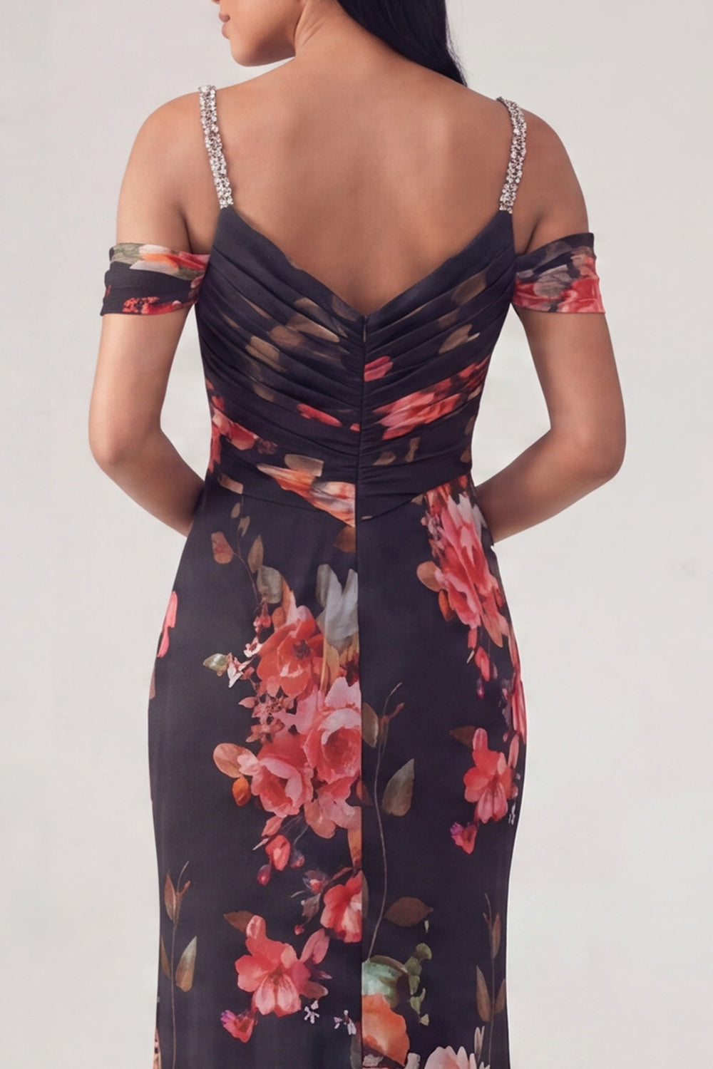 Off the Shoulder Ruched Black Floral Long Mermaid Formal Dress with Beading