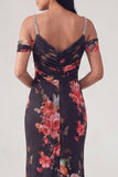 Off the Shoulder Ruched Black Floral Long Mermaid Formal Dress with Beading