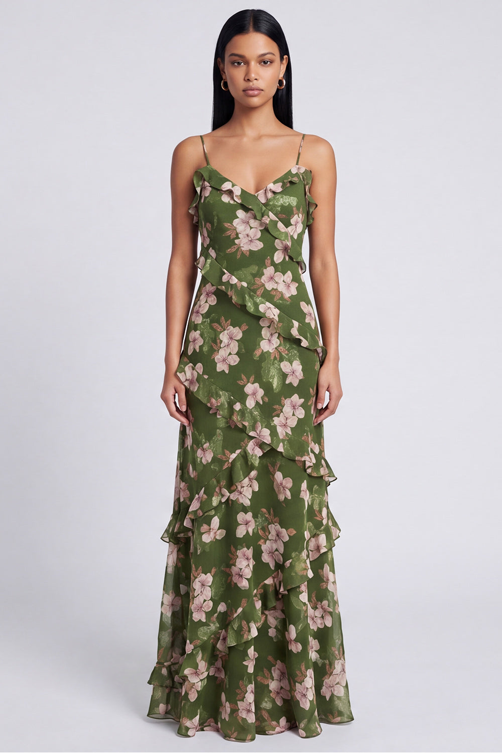 Dark Green Spaghetti Straps Floral Long A Line Formal Dress with Ruffles