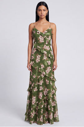Dark Green Spaghetti Straps Floral Long A Line Formal Dress with Ruffles