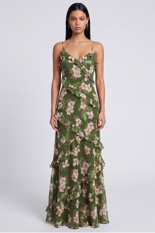 Dark Green Spaghetti Straps Floral Long A Line Formal Dress with Ruffles