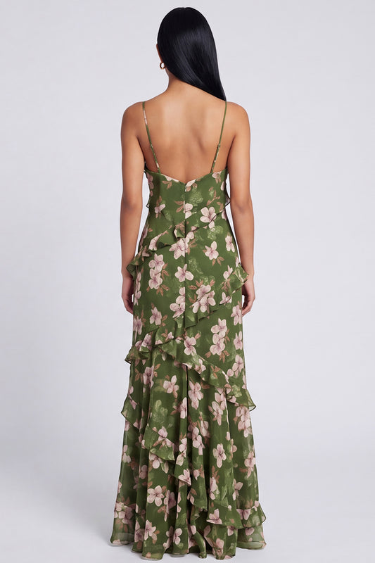 Dark Green Spaghetti Straps Floral Long A Line Formal Dress with Ruffles