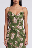 Dark Green Spaghetti Straps Floral Long A Line Formal Dress with Ruffles
