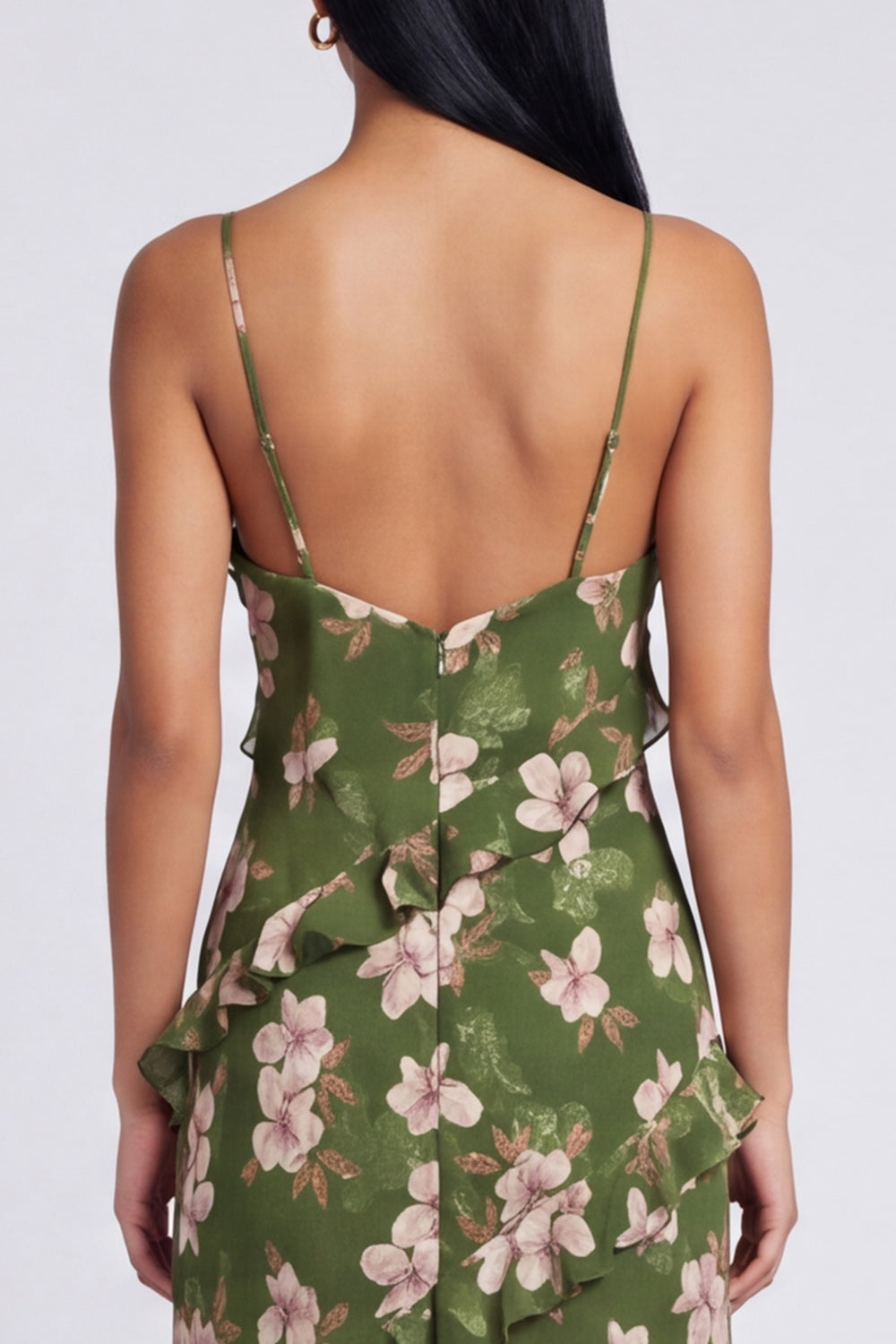 Dark Green Spaghetti Straps Floral Long A Line Formal Dress with Ruffles