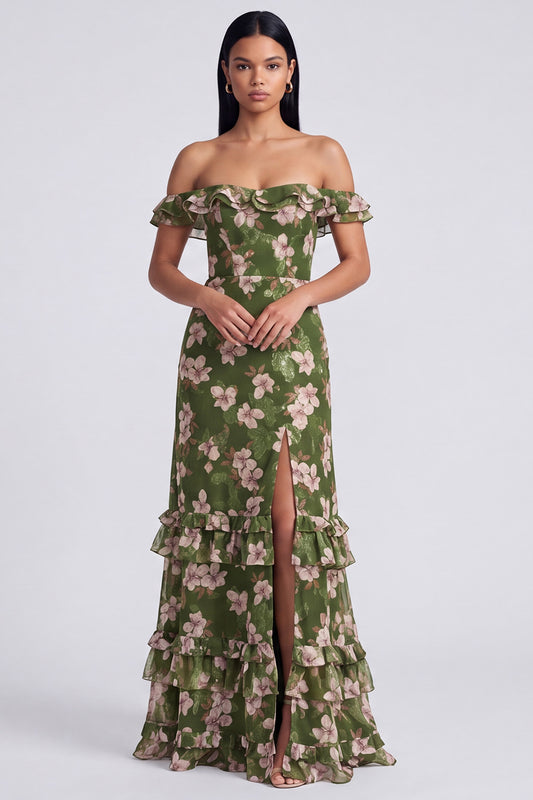 Ruffled Dark Green Off the Shoulder Floral Long A Line Formal Dress with Slit