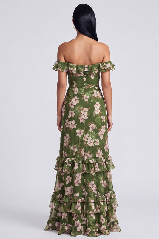 Ruffled Dark Green Off the Shoulder Floral Long A Line Formal Dress with Slit