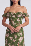 Ruffled Dark Green Off the Shoulder Floral Long A Line Formal Dress with Slit