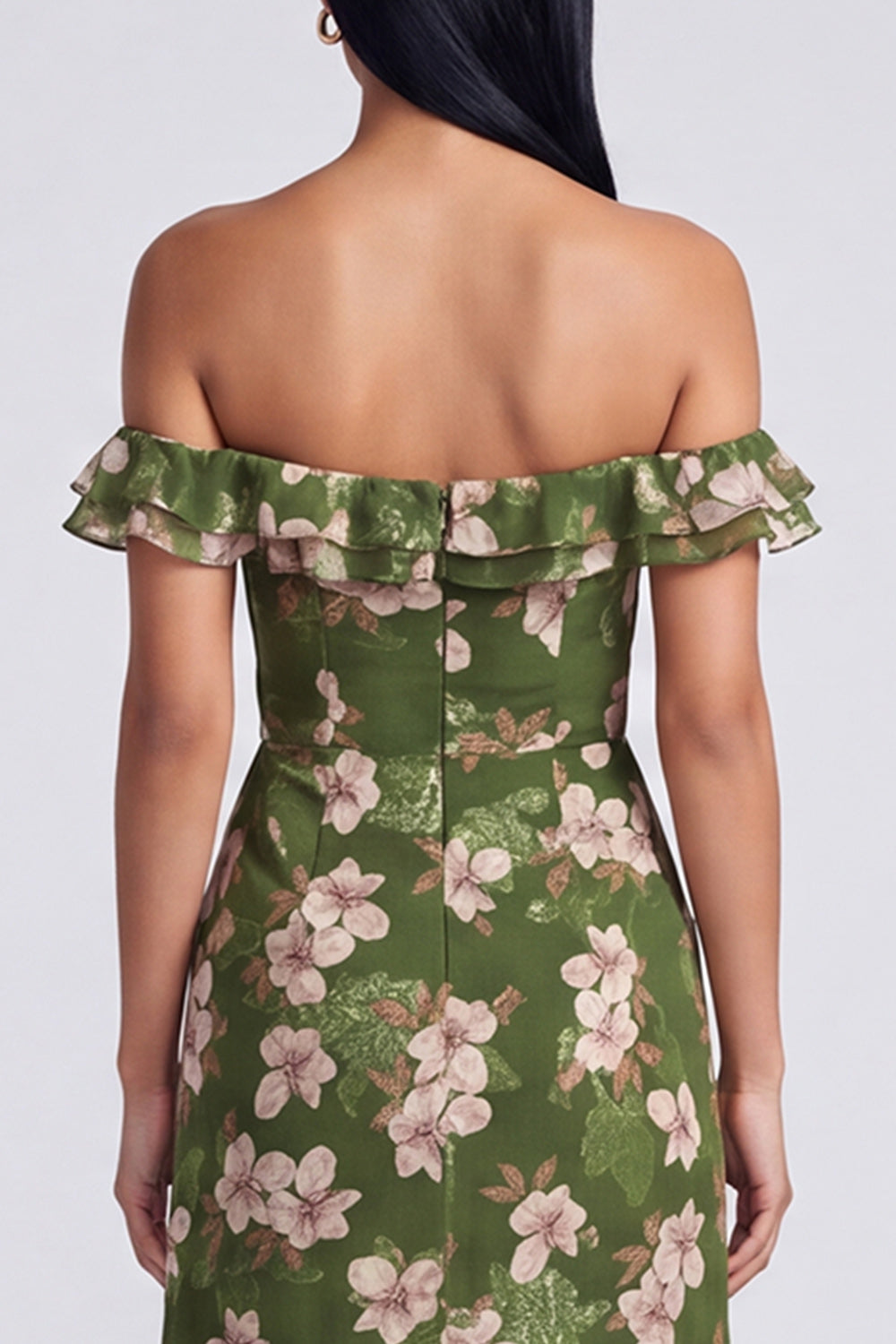 Ruffled Dark Green Off the Shoulder Floral Long A Line Formal Dress with Slit