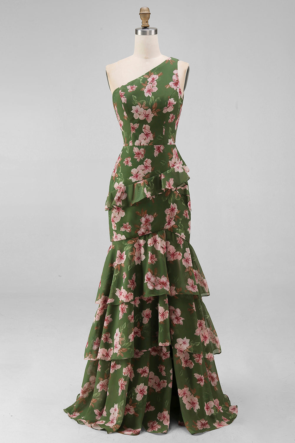 One Shoulder Ruffled Dark Green Floral Long A Line Formal Dress with Slit