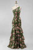 One Shoulder Ruffled Dark Green Floral Long A Line Formal Dress with Slit