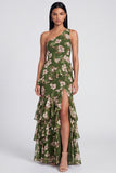 One Shoulder Ruffled Dark Green Floral Long A Line Formal Dress with Slit