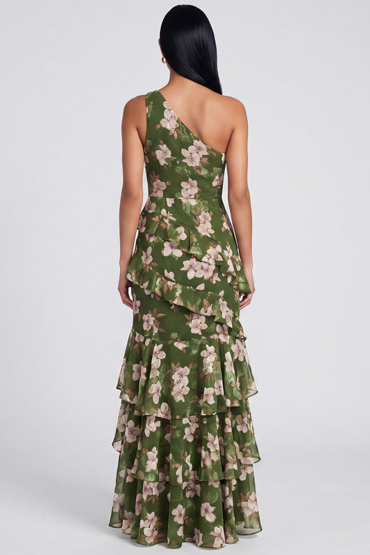 One Shoulder Ruffled Dark Green Floral Long A Line Formal Dress with Slit