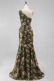 One Shoulder Ruffled Dark Green Floral Long A Line Formal Dress with Slit