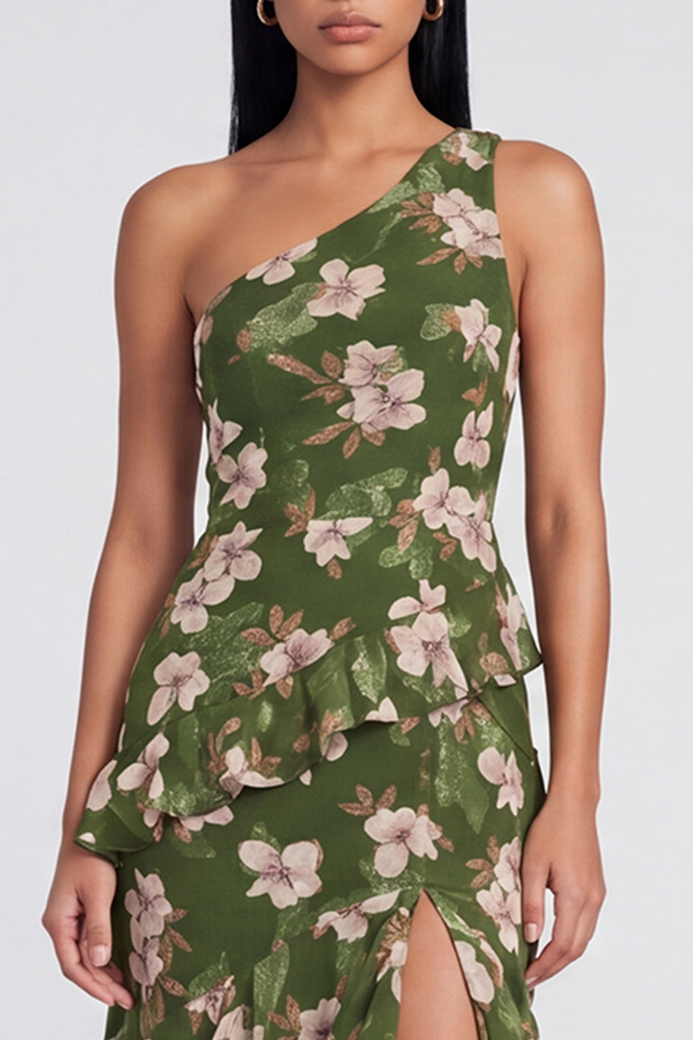 One Shoulder Ruffled Dark Green Floral Long A Line Formal Dress with Slit
