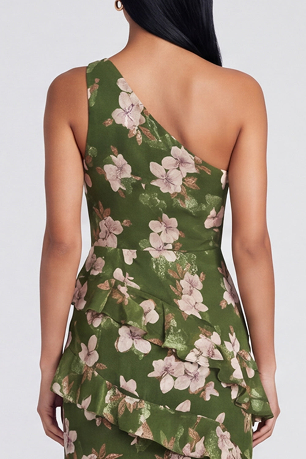 One Shoulder Ruffled Dark Green Floral Long A Line Formal Dress with Slit