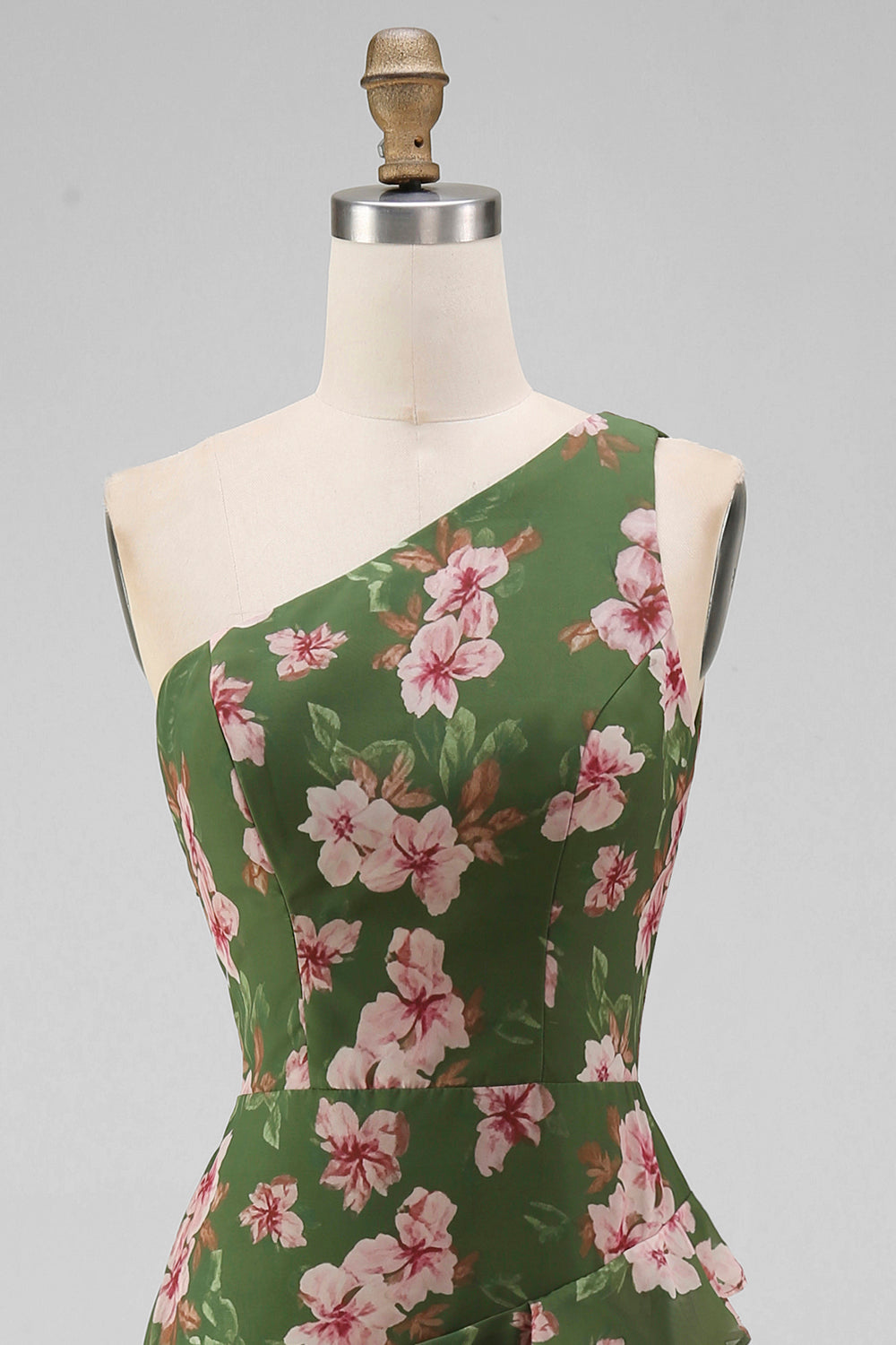 One Shoulder Ruffled Dark Green Floral Long A Line Formal Dress with Slit