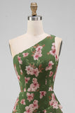 One Shoulder Ruffled Dark Green Floral Long A Line Formal Dress with Slit