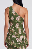 One Shoulder Ruffled Dark Green Floral Long A Line Formal Dress with Slit
