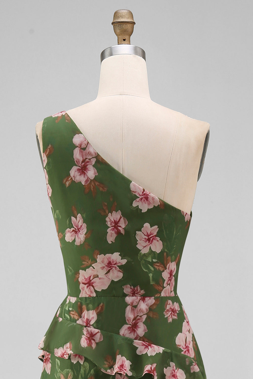 One Shoulder Ruffled Dark Green Floral Long A Line Formal Dress with Slit