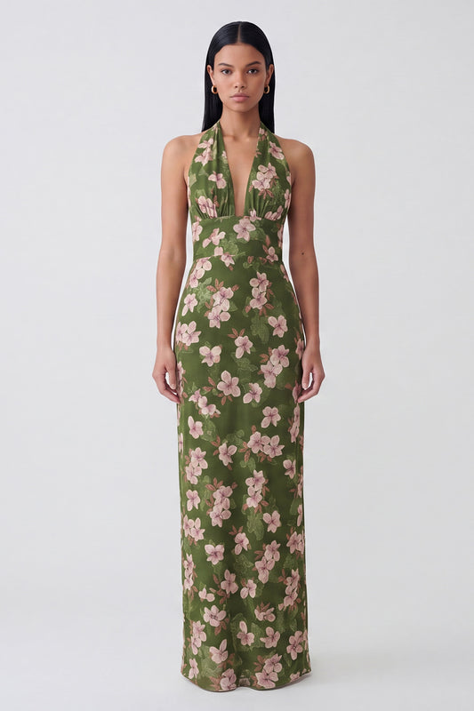 Dark Green Halter Backless Floral Long Sheath Formal Dress